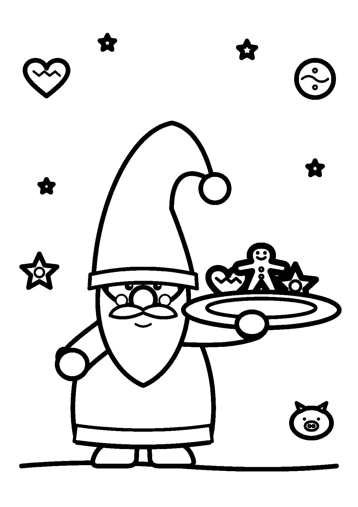 Målarbild av en tomte med spetsig luva som håller ett fat med pepparkakor i form av hjärta, stjärna och gubbe