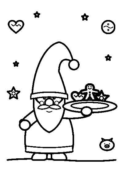 Målarbild av en tomte med spetsig luva som håller ett fat med pepparkakor i form av hjärta, stjärna och gubbe